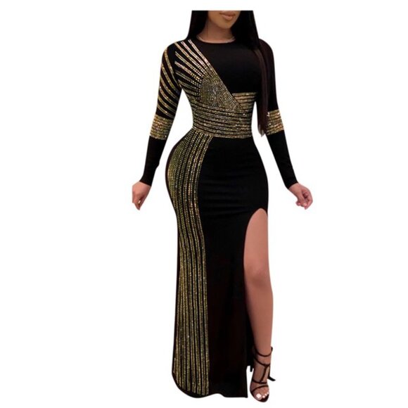 Women Maxi Dress Party Evening Gown Side Slit Long Sleeve Prom Club New Years - Picture 1 of 2